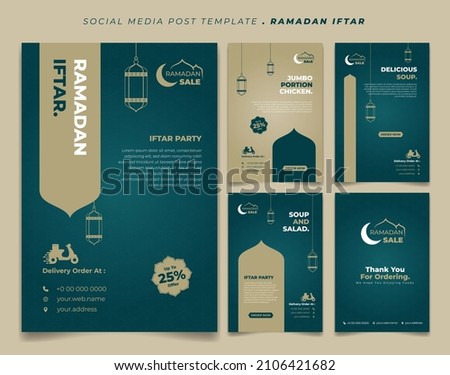 Set social media post template in Green and brown islamic background design. Iftar mean is breakfasting and marhaban mean is welcome. social media template with islamic background design Royalty-Free Stock Photo #2106421682