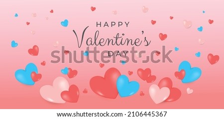 Happy Valentine's day text, hand lettering typography poster on red gradient background. Vector illustration. Romantic realistic heart. Valentines Day with hearts shape.