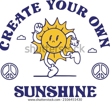 Retro Happy Sun Vector Art Illustration.Smiling Sun Positive Vibes with Peace Icon Fashion Illustration. Vintage Slogan T shirt Print Design.