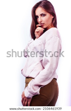 young blond woman on white backgroung gesture thumbs up, isolated emotional posing