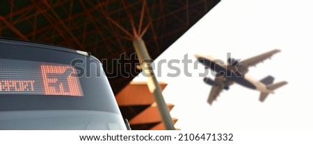 Shuttle Service Bus in Airport on background takeoff jet. Airport transfer concept