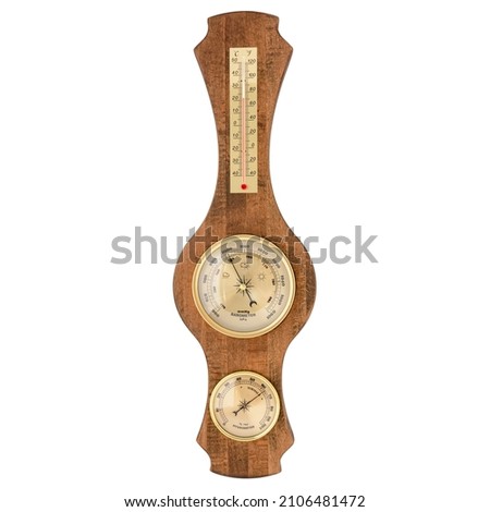 Vintage wooden clock with barometer and Old marine style thermometer on a white background. Wall decor for the interior. Royalty-Free Stock Photo #2106481472