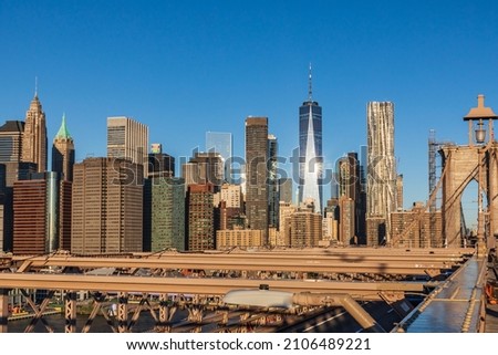 Manhattan, New York City, New York, USA. Manhattan seen from the Brooklyn Bridge.