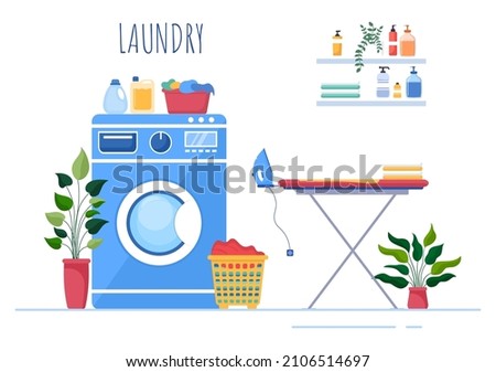 Laundry with Wash and Drying Machines in Flat Background Illustration. Dirty Cloth Lying in Basket and Women are Washing Clothes for Banner or Poster Royalty-Free Stock Photo #2106514697