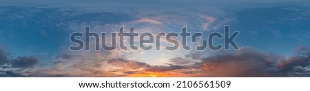Dark blue sunset sky panorama with Cirrus clouds. Seamless hdr pano in spherical equirectangular format. Complete zenith for 3D visualization, game and sky replacement for aerial drone 360 panoramas. Royalty-Free Stock Photo #2106561509