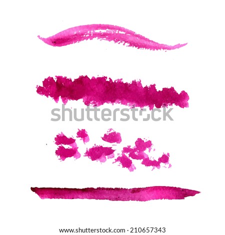 Set of vector pink paint stains and textured strokes. Collection of cosmetic swatches.