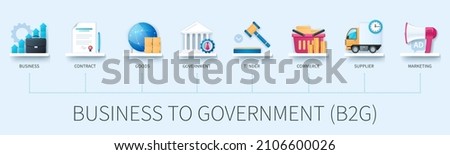 Business to government B2G banner with icons. Business, contract, government, goods, tender, supplier, marketing, commerce. Business concept. Web vector infographic in 3D style Royalty-Free Stock Photo #2106600026