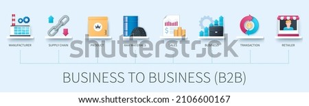 Business to business B2B banner with icons. Manufacturer, supply chain, product, raw materials, sales, business, transaction, retailer. Business concept. Web vector infographic in 3D style Royalty-Free Stock Photo #2106600167