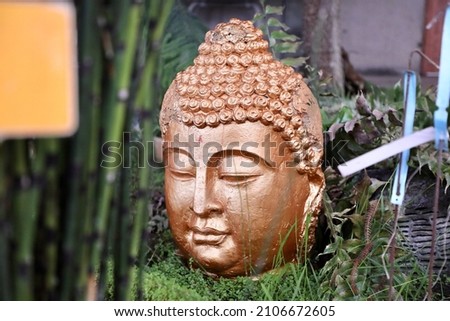 Rock buddha head meditating in green garden with bamboo