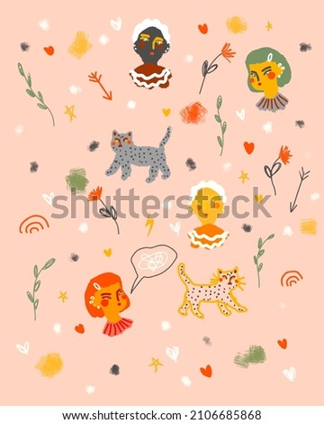 Summer spring cats set ,pattern, background