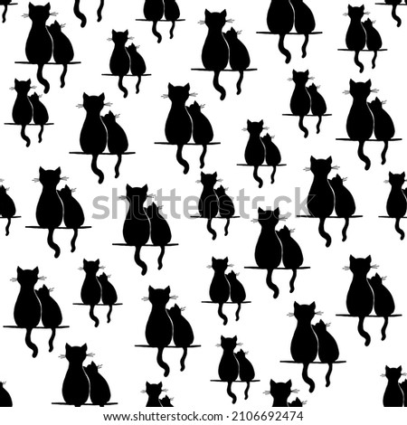Two black cute cats on white background. Seamless pattern for fabric, paper, card. 