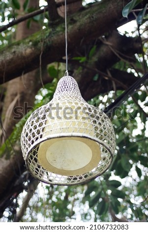 Chandelier decoration. Aesthetic lamp hanging on a tree. Outdoor home decoration concept