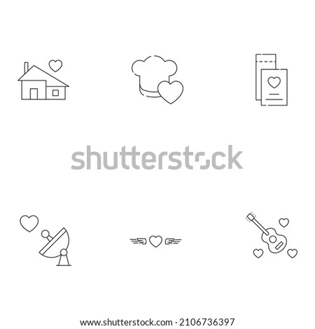 Romance, dating and love concept. Outline symbols of various things next to heart. Line icons of heart near house, chefs hat, ticket, radar, guitar