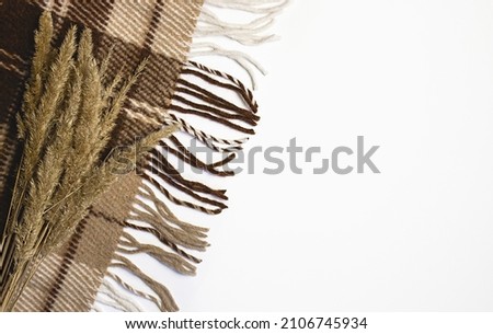 woolen blanket on a white background . Autumn and comfort. Copyspace