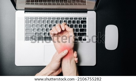 Median nerve. Carpal tunnel in hand pain. Man injury wrist. Arthritis office syndrome is consequence of computer. Causes of hurt include fractures, arthritis or trigger finger Royalty-Free Stock Photo #2106755282