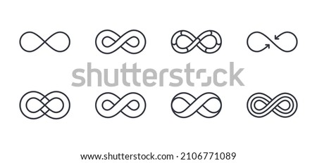 Vector infinity icons. Editable stroke. The symbol of the unlimited in mathematics, space. Set of different lines of shapes. Black geometric elements on a white background. Stock thin illustration Royalty-Free Stock Photo #2106771089