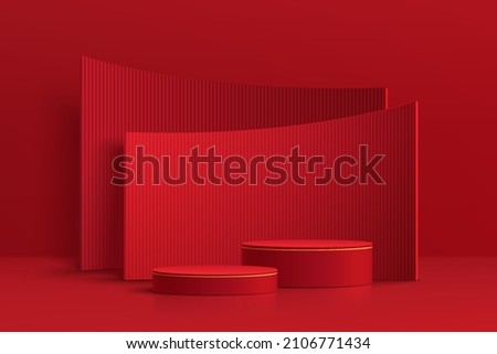 Realistic dark red and gold 3D cylinder pedestal podium with red arch shape backdrop. Minimal scene for products showcase, Promotion display. Abstract studio room platform. Happy lantern day concept. Royalty-Free Stock Photo #2106771434