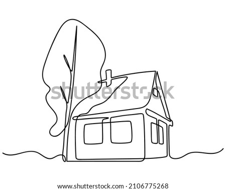 Continuous One Line drawing of House with Tree. Abstract small country wooden house in minimalism style. Continuous hand drawn sketch. Vector