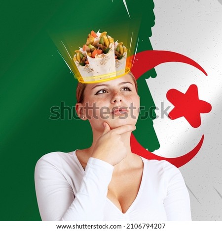 Beautiful young girl with delicious doner donair kebab in her head, dreams isolated on Algeria flag background. Concept of national food, art collage. Travel, taste, hobby and fantasy, ad