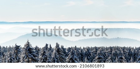 Amazing mystical rising fog sky forest snow snowy trees landscape snowscape in black forest ( Schwarzwald ) winter, Germany panorama - mystical snow mood
