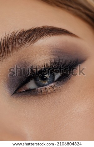 Beautiful macro shot of female eye make-up in smoky eyes style. Blue eye. Creative make-up. Perfect shape make-up and long lashes. Cosmetics. Beautiful eyes make-up. Close-up Royalty-Free Stock Photo #2106804824