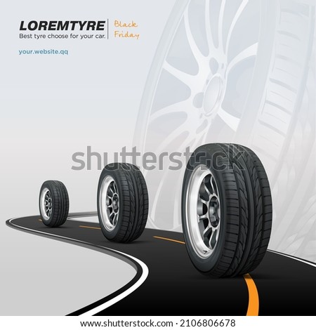 Tires car advertisement poster. Black rubber tyre set. Shining disk car wheel tyre. Summer or winter road. Information. Store. Landscape banner, digital print, flyer, booklet, brochure and web design. Royalty-Free Stock Photo #2106806678