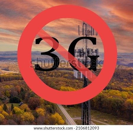End of life for 3rd generation or 3G cell mobile networks illustrated with sign superimposed on rural cellphone tower Royalty-Free Stock Photo #2106812093