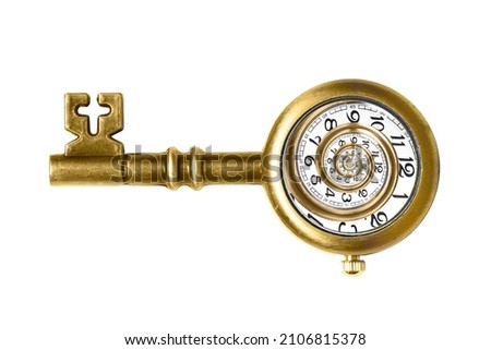 Close-up of a retro style bronze toned key shaped watch with a swirled watch face isolated on a white background. Stopping and correcting endless loops in business processes. Royalty-Free Stock Photo #2106815378