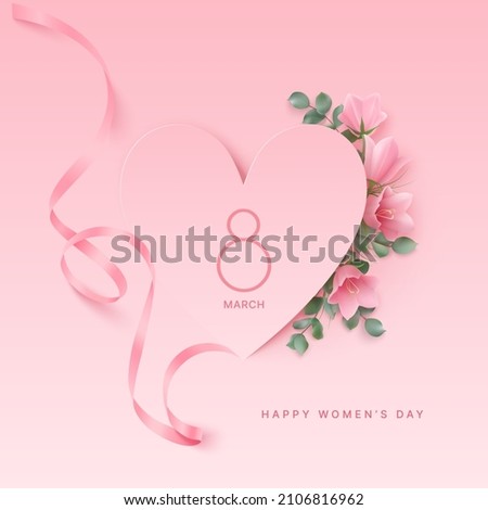 Happy women's day background with ribbon, pink campanula flowers, eucalyptus leaves under paper cut hearts on a pink backdrop Royalty-Free Stock Photo #2106816962