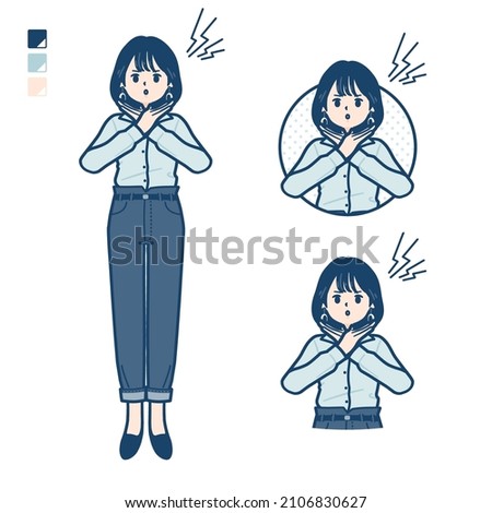 Young woman in an open-collared shirt with Making a Cross with arms images.It's vector art so it's easy to edit.