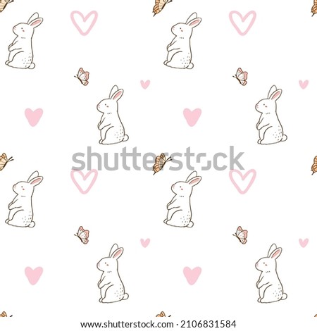Seamless Pattern with Rabbit, Butterfly and Heart Design on White Background