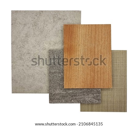 combination of interior material samples for mood and tone board consists grey concrete vinyl floor tile, oak and ash veneer, stone granite tile isolated on background with clipping path. Royalty-Free Stock Photo #2106845135