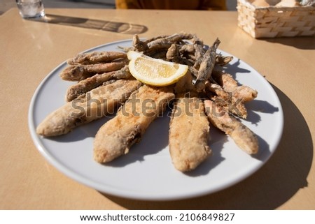 A highly demanded dish in Spain, a variety of fried fish. Fried cuttlefish, anchovies, red mullet, fried acedias. Selective focus.