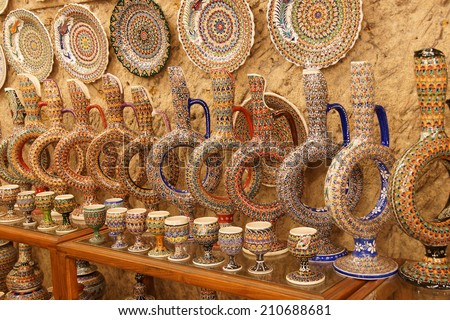 Hittite wine vessels on display in a pottery factory in  Avanos in Cappadocia,  Turkey  Royalty-Free Stock Photo #210688681