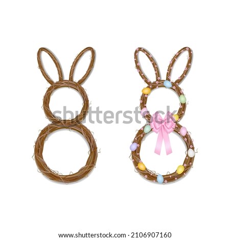 rabbit-shaped easter wreath with branches cherry flowers and eggs. empty and decorated easter garlands