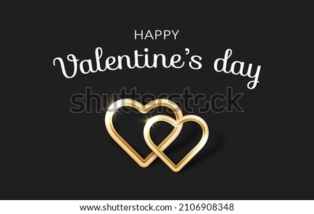 Happy Valentines day banner with two decorative golden hearts on a black background. Vector illustration