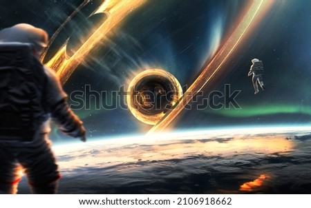 Giant black hole threatens planet earth. 5K realistic science fiction art. Elements of image provided by Nasa Royalty-Free Stock Photo #2106918662