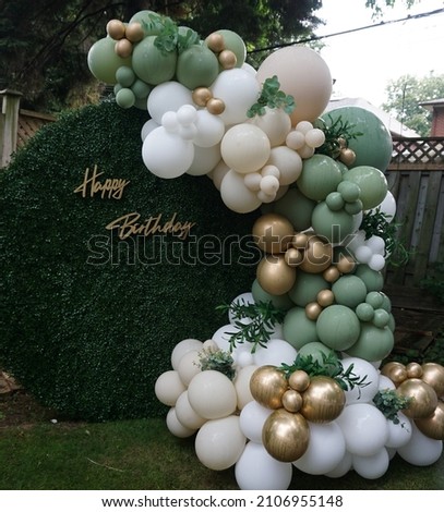Sage, Gold and white birthday balloon arch backdrop on a grass wall               Royalty-Free Stock Photo #2106955148