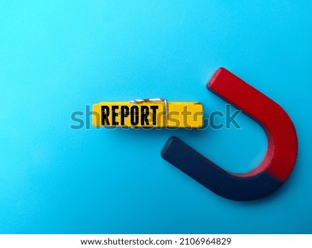 Magnet and wooden clip with text REPORT on blue background.