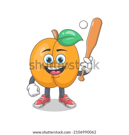 Cute Happy Peach Playing Baseball Cartoon Vector Illustration. Fruit Mascot Character Concept Isolated Premium Vector