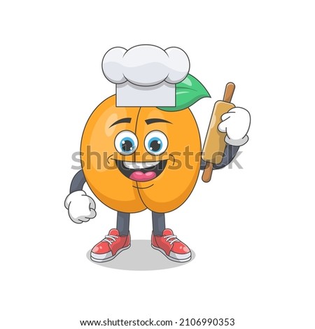 Cute Happy Peach Chef Cartoon Vector Illustration. Fruit Mascot Character Concept Isolated Premium Vector