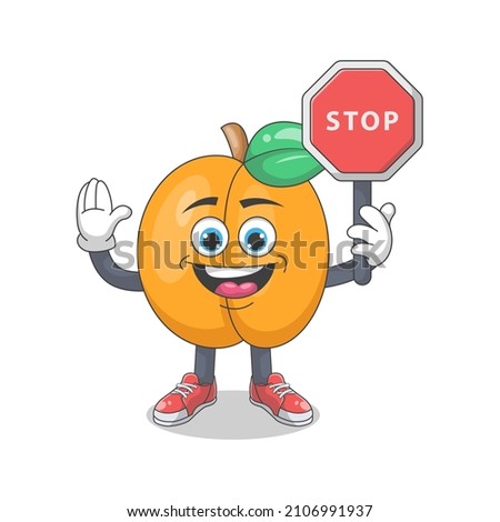 Cute Happy Peach With Stop Sign Cartoon Vector Illustration. Fruit Mascot Character Concept Isolated Premium Vector