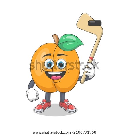 Cute Happy Peach Playing Ice Hockey Cartoon Vector Illustration. Fruit Mascot Character Concept Isolated Premium Vector