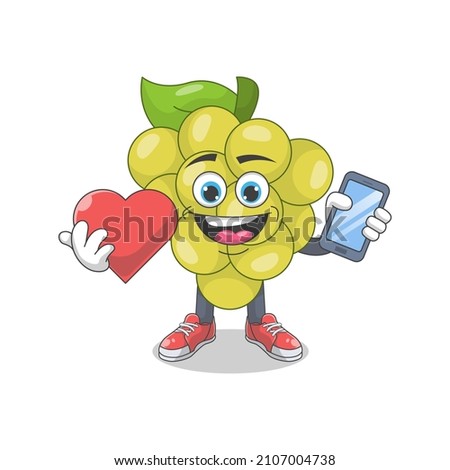 Cute Happy White Grape Holding Heart Cartoon Vector Illustration. Fruit Mascot Character Concept Isolated Premium Vector