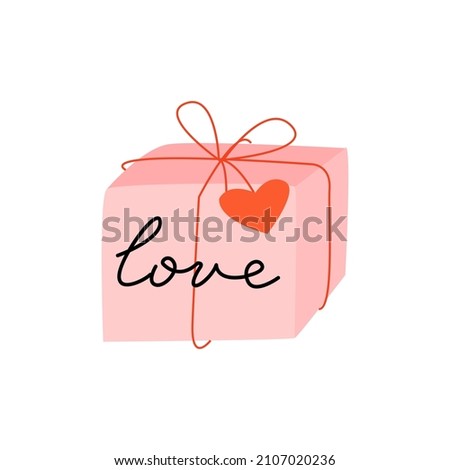 Gift pink box with red ribbon, heart and lettering love. Valentine's day vector illustration. 