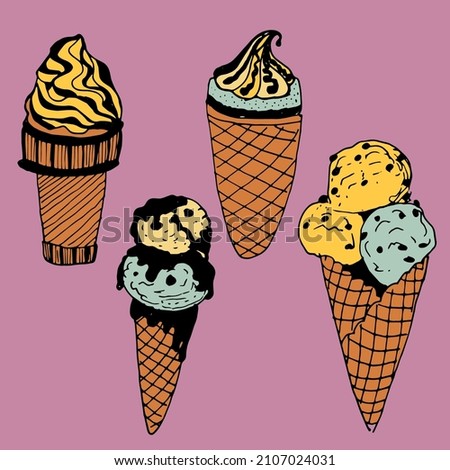 Vector set dooddles of the ice cream variety. Beautiful ice cream vector illustration.