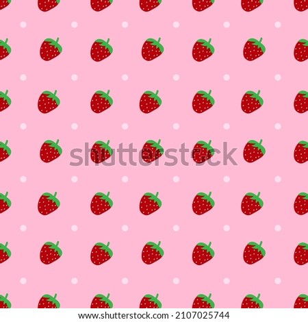seamless pattern fruit with Strawberry and pastel pink background. Cute fresh strawberry with pink polka dot isolated on background. Fabric and tile wallpaper. Fashion food berry in summer