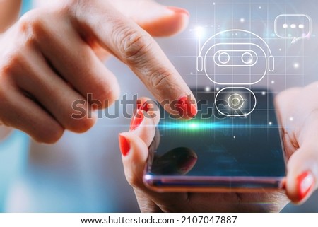 Female hand engaged in a chatting conversation with an automated digital chatbot. Image enhanced with graphic details