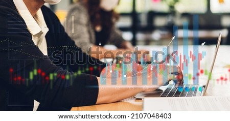 Success businessman relaxing using digital laptop computer looking at screen progress of business financial investment data graph and chart business growth increase at cafe
