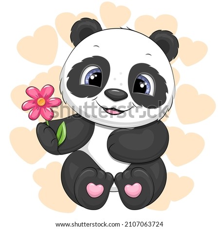 Cute cartoon panda with a flower. Vector illustration of an animal on a white background with hearts.
